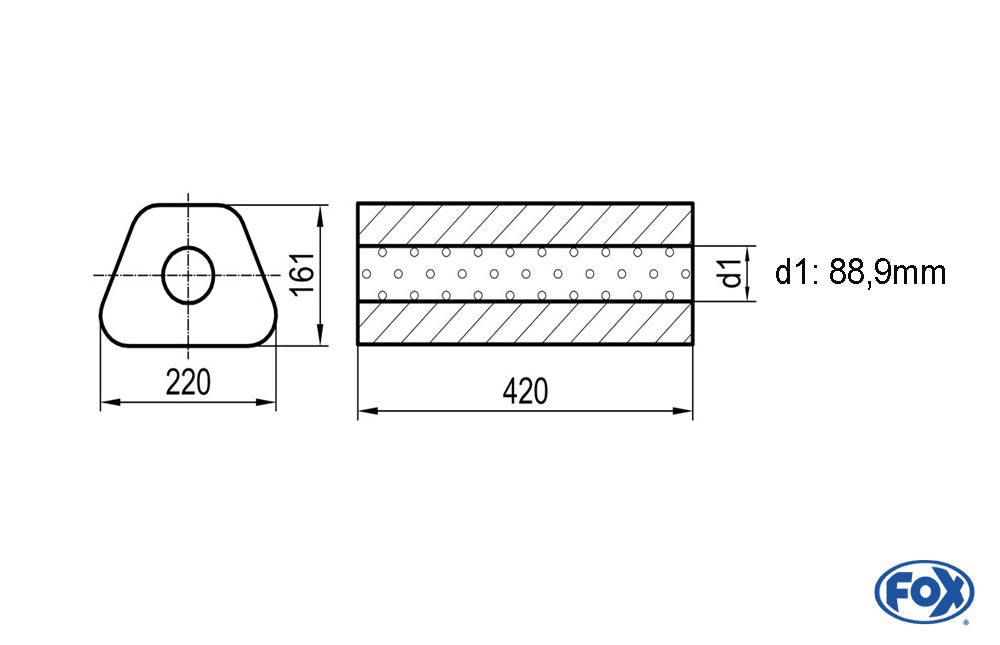 FOX Uni-Schalldämpfer Trapezoid ohne Stutzen - Abwicklung 644 220x161mm, d1Ø 88,9mm, Länge: 420mm