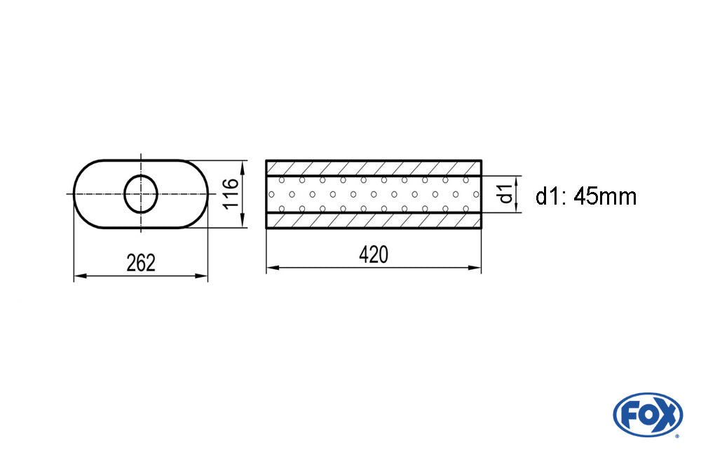 FOX Uni-Schalldämpfer oval ohne Stutzen - Abwicklung 650 262x116mm, d1Ø 45mm, Länge: 420mm