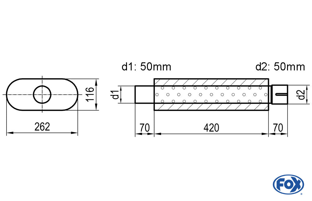 FOX Uni-Schalldämpfer oval mit Stutzen - Abwicklung 650 262x116mm, d1Ø 50mm  d2Ø 50,5mm, Länge: 420mm