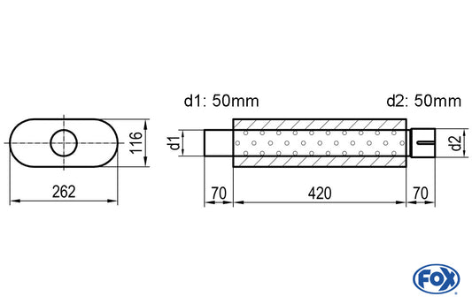 FOX Uni-Schalldämpfer oval mit Stutzen - Abwicklung 650 262x116mm, d1Ø 50mm  d2Ø 50,5mm, Länge: 420mm