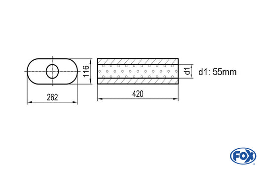 FOX Uni-Schalldämpfer oval ohne Stutzen - Abwicklung 650 262x116mm, d1Ø 55mm, Länge: 420mm