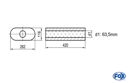 FOX Uni-Schalldämpfer oval ohne Stutzen - Abwicklung 650 262x116mm, d1Ø 63,5mm, Länge: 420mm