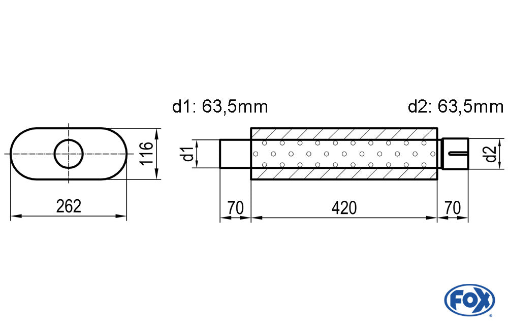 FOX Uni-Schalldämpfer oval mit Stutzen - Abwicklung 650 262x116mm, d1Ø 63,5mm  d2Ø 64mm, Länge: 420mm