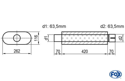 FOX Uni-Schalldämpfer oval mit Stutzen - Abwicklung 650 262x116mm, d1Ø 63,5mm  d2Ø 64mm, Länge: 420mm