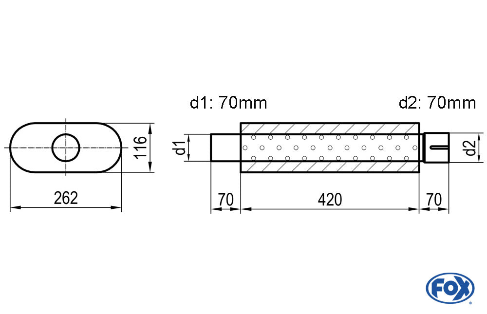 FOX Uni-Schalldämpfer oval mit Stutzen - Abwicklung 650 262x116mm, d1Ø 70mm  d2Ø 70,5mm, Länge: 420mm