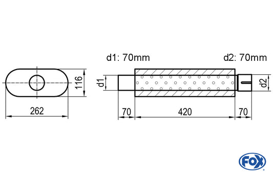 FOX Uni-Schalldämpfer oval mit Stutzen - Abwicklung 650 262x116mm, d1Ø 70mm  d2Ø 70,5mm, Länge: 420mm