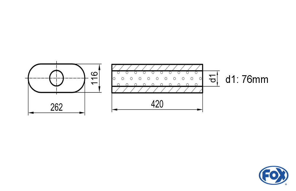 FOX Uni-Schalldämpfer oval ohne Stutzen - Abwicklung 650 262x116mm, d1Ø 76mm, Länge: 420mm