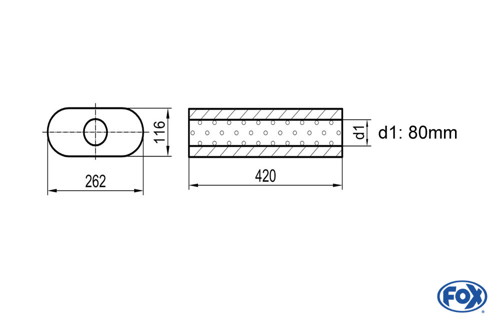 FOX Uni-Schalldämpfer oval ohne Stutzen - Abwicklung 650 262x116mm, d1Ø 80mm, Länge: 420mm