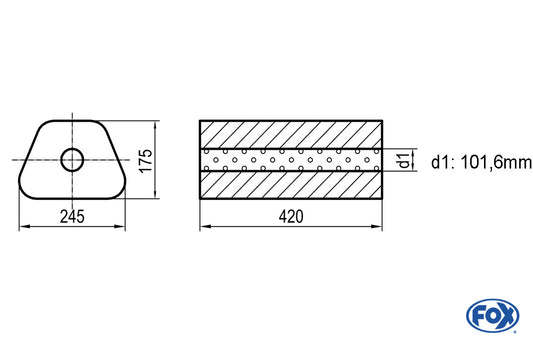 FOX Uni-Schalldämpfer Trapezoid ohne Stutzen - Abwicklung 711 245x175mm, d1Ø 101,6mm außen - Länge: 420mm