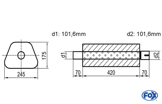 FOX Uni-Schalldämpfer Trapezoid mit Stutzen - Abwicklung 711 245x175mm, d1Ø 101,6mm außen - d2Ø 101,6mm innen - Länge: 420mm