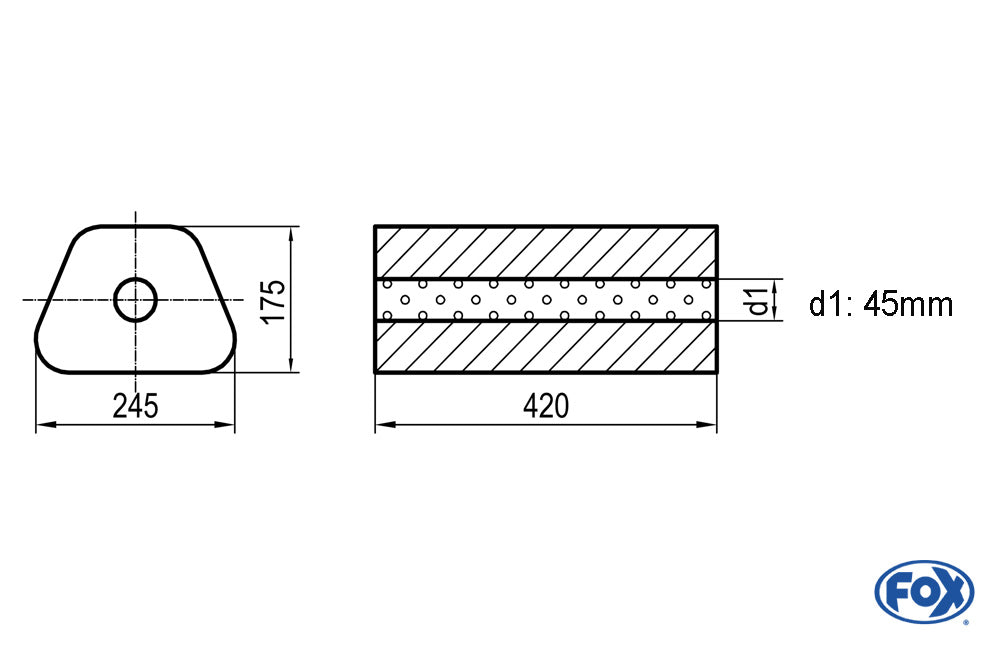 FOX Uni-Schalldämpfer Trapezoid ohne Stutzen - Abwicklung 711 245x175mm, d1Ø 101,6mm außen - Länge: 420mm