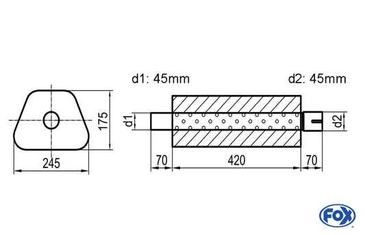 FOX Uni-Schalldämpfer Trapezoid mit Stutzen - Abwicklung 711 245x175mm, d1Ø 45mm außen - d2Ø 45mm innen - Länge: 420mm