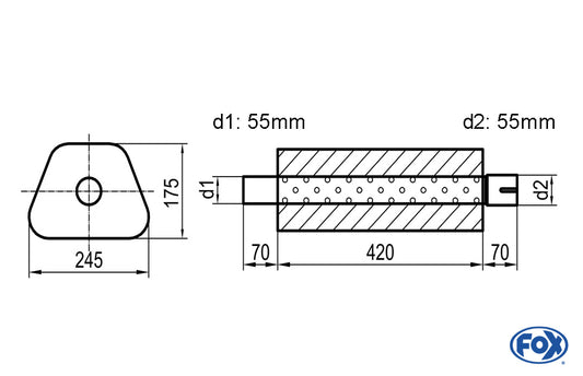 FOX Uni-Schalldämpfer Trapezoid mit Stutzen - Abwicklung 711 245x175mm, d1Ø 55mm außen - d2Ø 55mm innen - Länge: 420mm