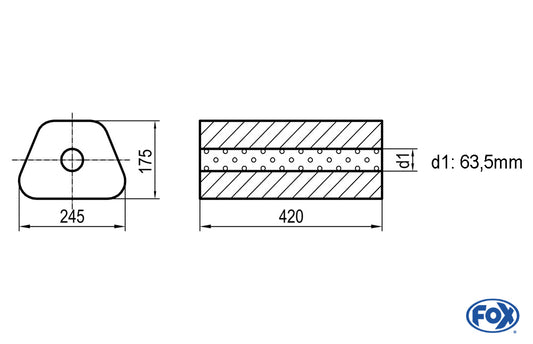 FOX Uni-Schalldämpfer Trapezoid ohne Stutzen - Abwicklung 711 245x175mm, d1Ø 63,5mm außen - Länge: 420mm