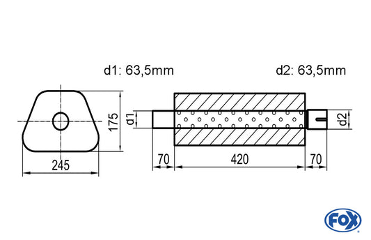 FOX Uni-Schalldämpfer Trapezoid mit Stutzen - Abwicklung 711 245x175mm, d1Ø 63,5mm außen - d2Ø 63,5mm innen - Länge: 420mm