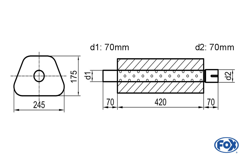 FOX Uni-Schalldämpfer Trapezoid mit Stutzen - Abwicklung 711 245x175mm, d1Ø 70mm außen - d2Ø 70mm innen - Länge: 420mm