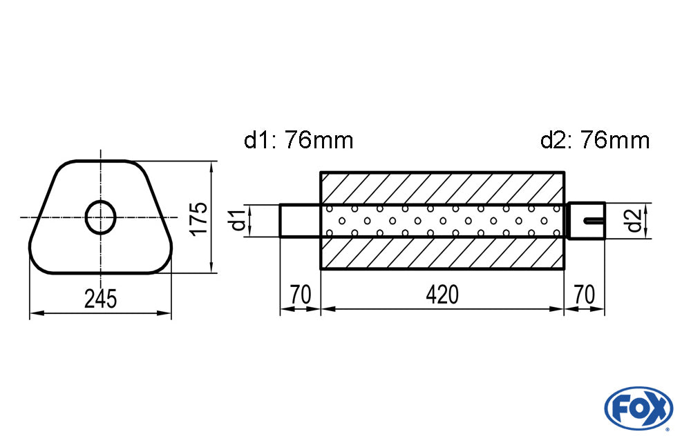 FOX Uni-Schalldämpfer Trapezoid mit Stutzen - Abwicklung 711 245x175mm, d1Ø 76mm außen - d2Ø 76mm innen - Länge: 420mm