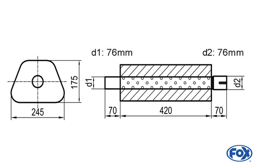 FOX Uni-Schalldämpfer Trapezoid mit Stutzen - Abwicklung 711 245x175mm, d1Ø 76mm außen - d2Ø 76mm innen - Länge: 420mm