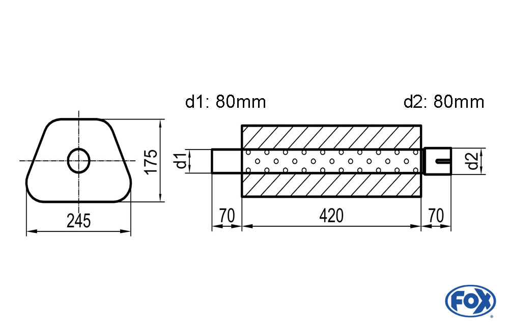 FOX Uni-Schalldämpfer Trapezoid mit Stutzen - Abwicklung 711 245x175mm, d1Ø 80mm außen - d2Ø 80mm innen - Länge: 420mm