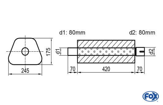 FOX Uni-Schalldämpfer Trapezoid mit Stutzen - Abwicklung 711 245x175mm, d1Ø 80mm außen - d2Ø 80mm innen - Länge: 420mm