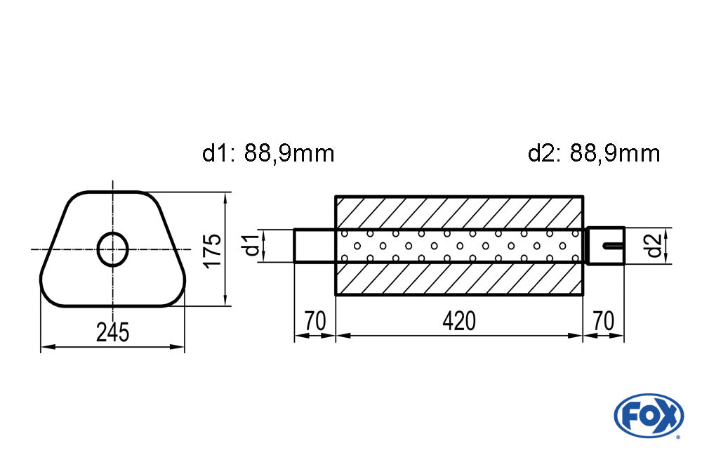 FOX Uni-Schalldämpfer Trapezoid mit Stutzen - Abwicklung 711 245x175mm, d1Ø 88,9mm außen - d2Ø 88,9mm innen - Länge: 420mm