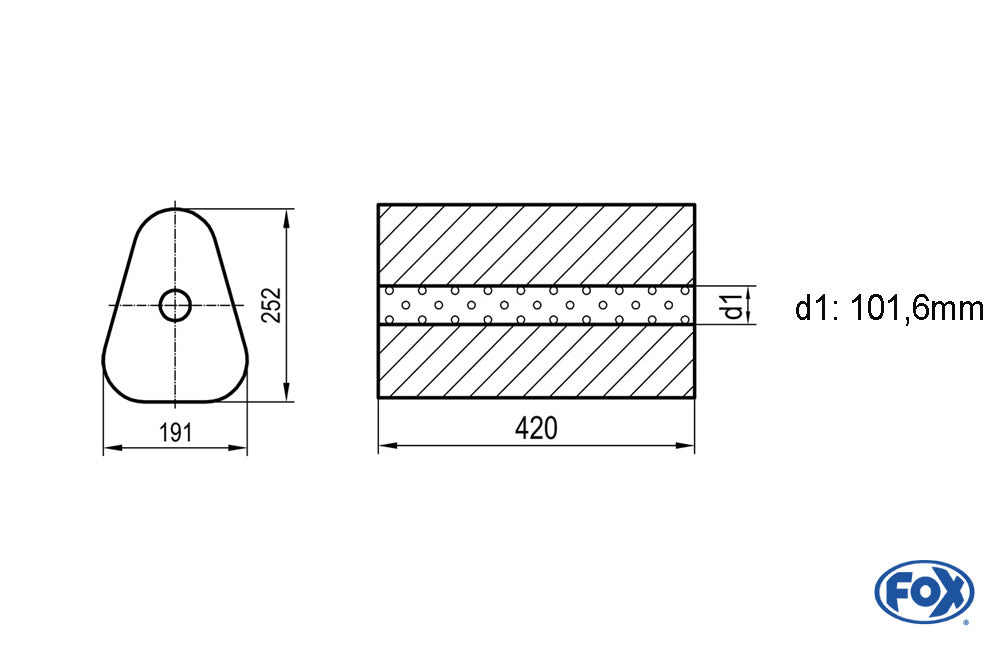 FOX Uni-Schalldämpfer Dreieckig ohne Stutzen - Abwicklung 725 191x252mm, d1Ø 101,6mm außen - Länge: 420mm