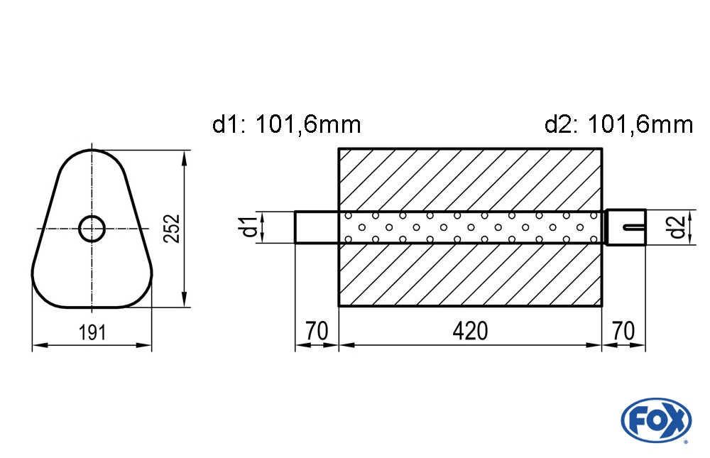 FOX Uni-Schalldämpfer Dreieckig mit Stutzen - Abwicklung 725 191x252mm, d1Ø 101,6mm außen/ d2Ø 101,6mm innen - Länge: 420mm