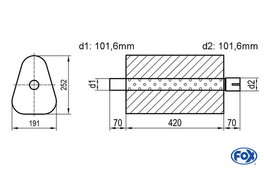 FOX Uni-Schalldämpfer Dreieckig mit Stutzen - Abwicklung 725 191x252mm, d1Ø 101,6mm außen/ d2Ø 101,6mm innen - Länge: 420mm