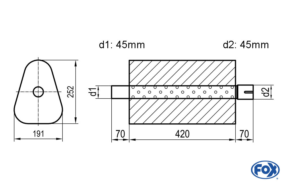 FOX Uni-Schalldämpfer Dreieckig mit Stutzen - Abwicklung 725 191x252mm, d1Ø 45mm außen/ d2Ø 45mm innen - Länge: 420mm