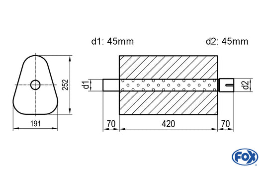 FOX Uni-Schalldämpfer Dreieckig mit Stutzen - Abwicklung 725 191x252mm, d1Ø 45mm außen/ d2Ø 45mm innen - Länge: 420mm