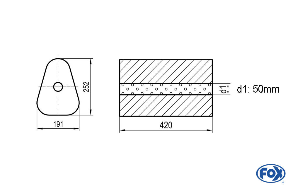 FOX Uni-Schalldämpfer Dreieckig ohne Stutzen - Abwicklung 725 191x252mm, d1Ø 50mm außen - Länge: 420mm