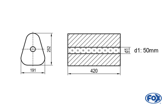 FOX Uni-Schalldämpfer Dreieckig ohne Stutzen - Abwicklung 725 191x252mm, d1Ø 50mm außen - Länge: 420mm