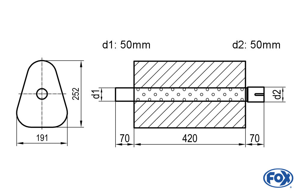 FOX Uni-Schalldämpfer Dreieckig mit Stutzen - Abwicklung 725 191x252mm, d1Ø 50mm außen/ d2Ø 50mm innen - Länge: 420mm