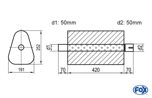 FOX Uni-Schalldämpfer Dreieckig mit Stutzen - Abwicklung 725 191x252mm, d1Ø 50mm außen/ d2Ø 50mm innen - Länge: 420mm