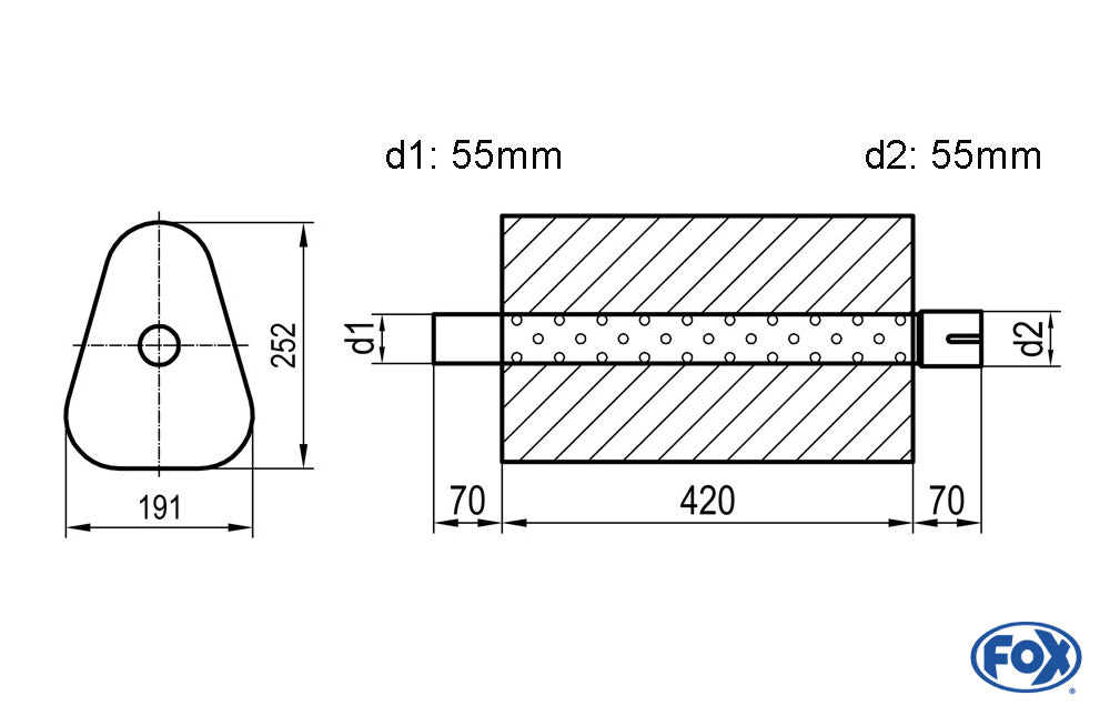 FOX Uni-Schalldämpfer Dreieckig mit Stutzen - Abwicklung 725 191x252mm, d1Ø 55mm außen/ d2Ø 55mm innen - Länge: 420mm