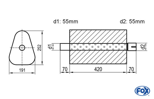 FOX Uni-Schalldämpfer Dreieckig mit Stutzen - Abwicklung 725 191x252mm, d1Ø 55mm außen/ d2Ø 55mm innen - Länge: 420mm