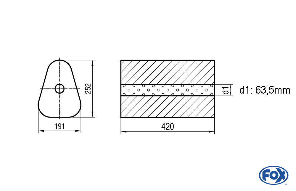 FOX Uni-Schalldämpfer Dreieckig ohne Stutzen - Abwicklung 725 191x252mm, d1Ø 63,5mm außen - Länge: 420mm