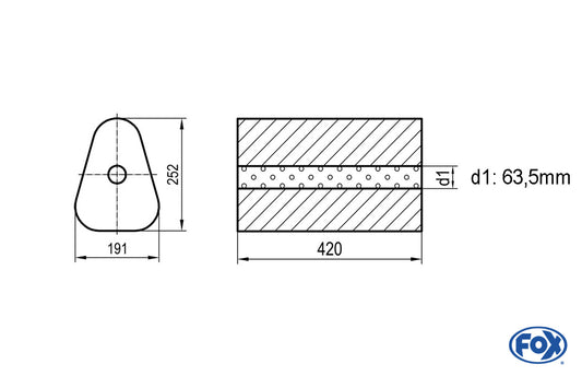 FOX Uni-Schalldämpfer Dreieckig ohne Stutzen - Abwicklung 725 191x252mm, d1Ø 63,5mm außen - Länge: 420mm