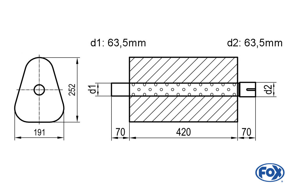 FOX Uni-Schalldämpfer Dreieckig mit Stutzen - Abwicklung 725 191x252mm, d1Ø 63,5mm außen/ d2Ø 63,5mm innen - Länge: 420mm