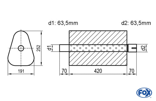 FOX Uni-Schalldämpfer Dreieckig mit Stutzen - Abwicklung 725 191x252mm, d1Ø 63,5mm außen/ d2Ø 63,5mm innen - Länge: 420mm