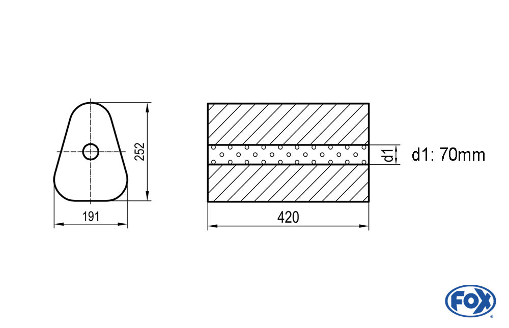 FOX Uni-Schalldämpfer Dreieckig ohne Stutzen - Abwicklung 725 191x252mm, d1Ø 70mm außen - Länge: 420mm