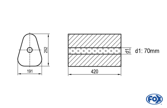 FOX Uni-Schalldämpfer Dreieckig ohne Stutzen - Abwicklung 725 191x252mm, d1Ø 70mm außen - Länge: 420mm