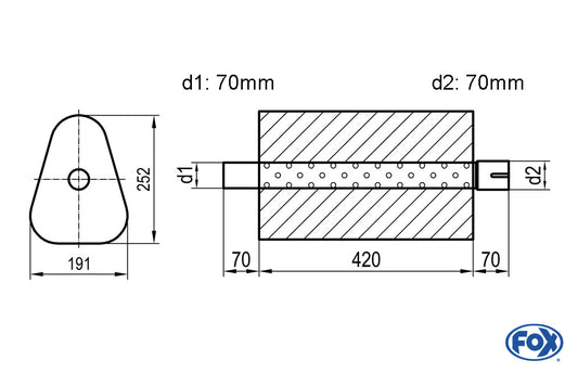 FOX Uni-Schalldämpfer Dreieckig mit Stutzen - Abwicklung 725 191x252mm, d1Ø 70mm außen/ d2Ø 70mm innen - Länge: 420mm