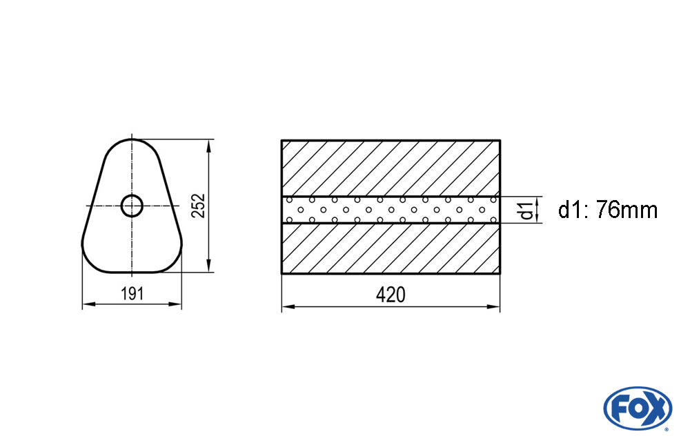 FOX Uni-Schalldämpfer Dreieckig ohne Stutzen - Abwicklung 725 191x252mm, d1Ø 76mm außen - Länge: 420mm