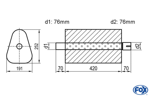 FOX Uni-Schalldämpfer Dreieckig mit Stutzen - Abwicklung 725 191x252mm, d1Ø 76mm außen/ d2Ø 76mm innen - Länge: 420mm