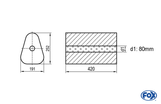 FOX Uni-Schalldämpfer Dreieckig ohne Stutzen - Abwicklung 725 191x252mm, d1Ø 80mm außen - Länge: 420mm