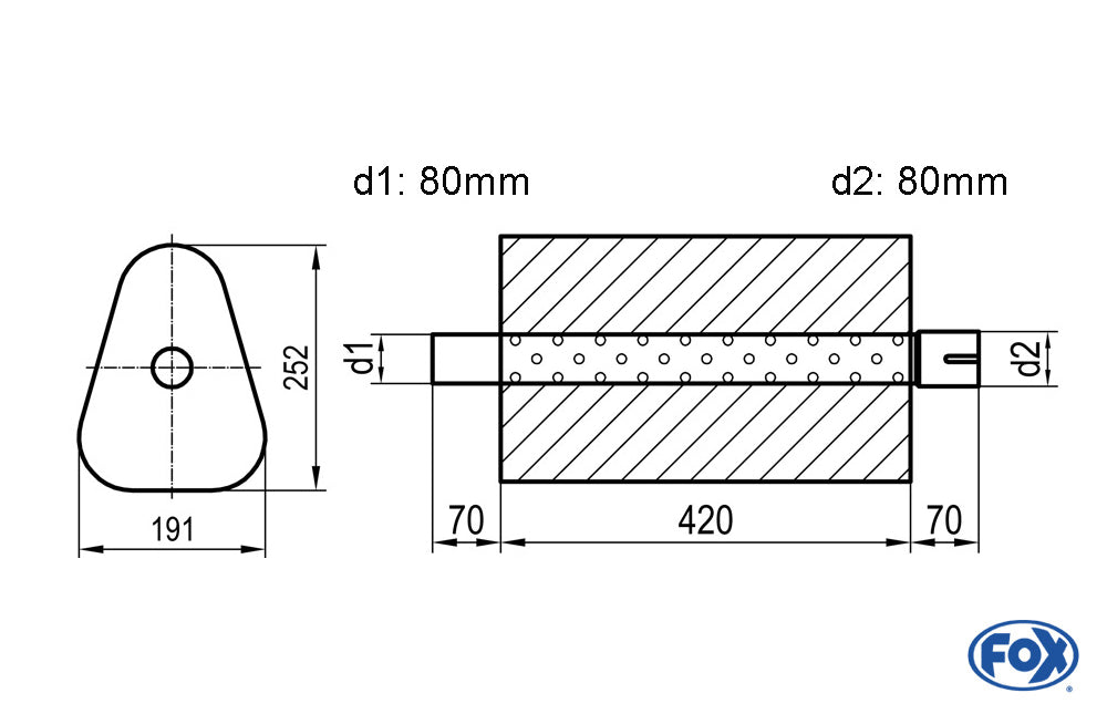 FOX Uni-Schalldämpfer Dreieckig mit Stutzen - Abwicklung 725 191x252mm, d1Ø 80mm außen/ d2Ø 80mm innen - Länge: 420mm