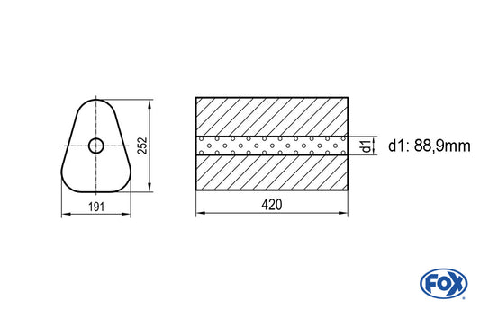 FOX Uni-Schalldämpfer Dreieckig ohne Stutzen - Abwicklung 725 191x252mm, d1Ø 88,9mm außen - Länge: 420mm