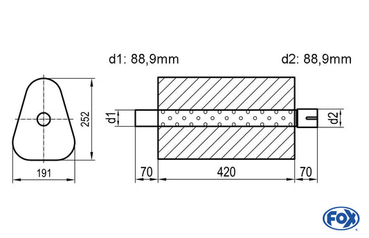 FOX Uni-Schalldämpfer Dreieckig mit Stutzen - Abwicklung 725 191x252mm, d1Ø 88,9mm außen/ d2Ø 88,9mm innen - Länge: 420mm
