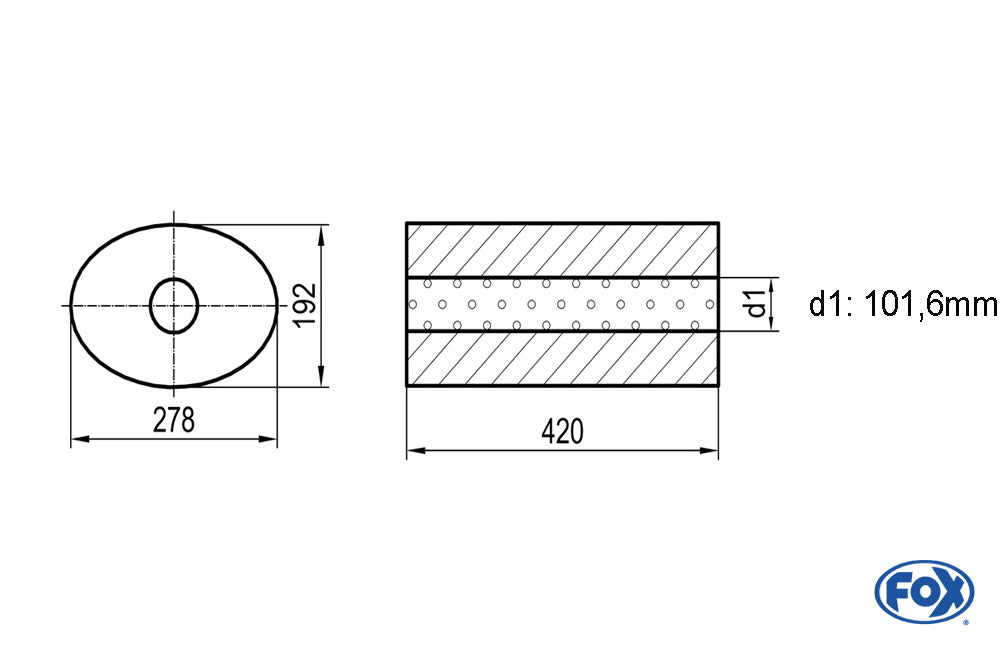 FOX Uni-Schalldämpfer oval ohne Stutzen - Abwicklung 754 278x192mm, d1Ø 101,6mm außen - Länge: 420mm